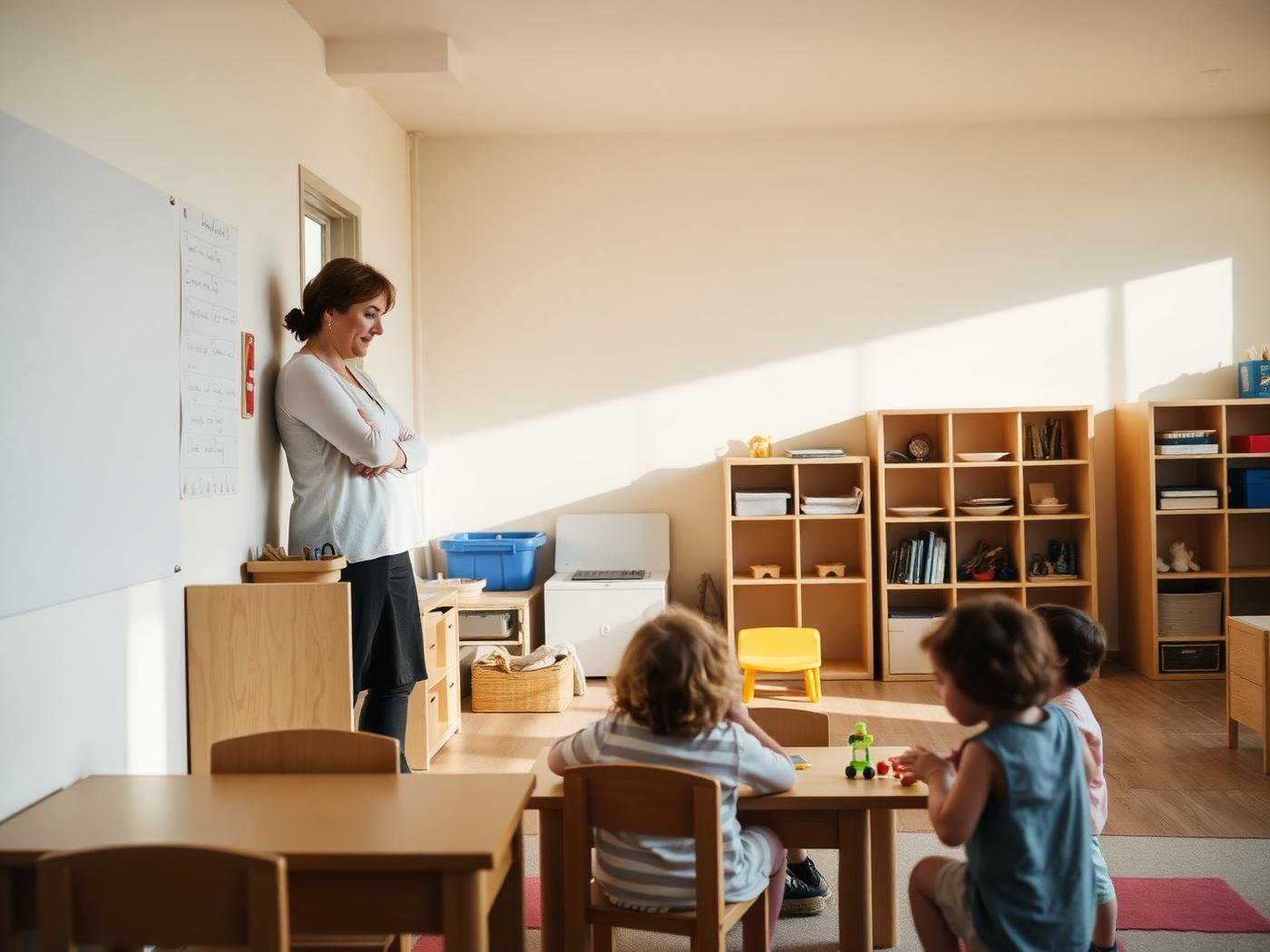 Professora organizando a rotina enquanto acompanha as crianças em sala.
