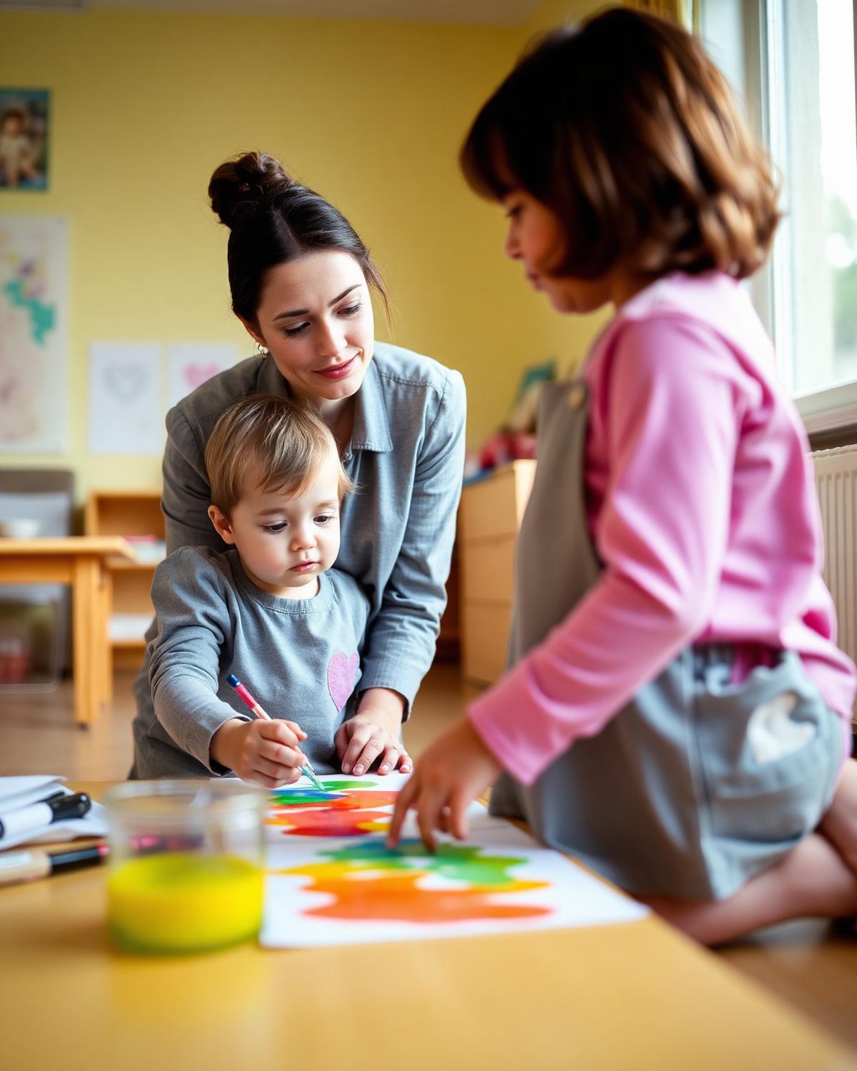 Educadora acompanhando uma criança pequena durante uma atividade de pintura.